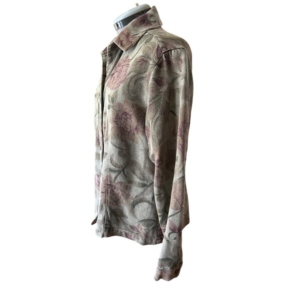 Chicos Design Olive Purple Floral Button-Up Jacket Size 1 Gold Metallic Detail - Picture 2 of 8